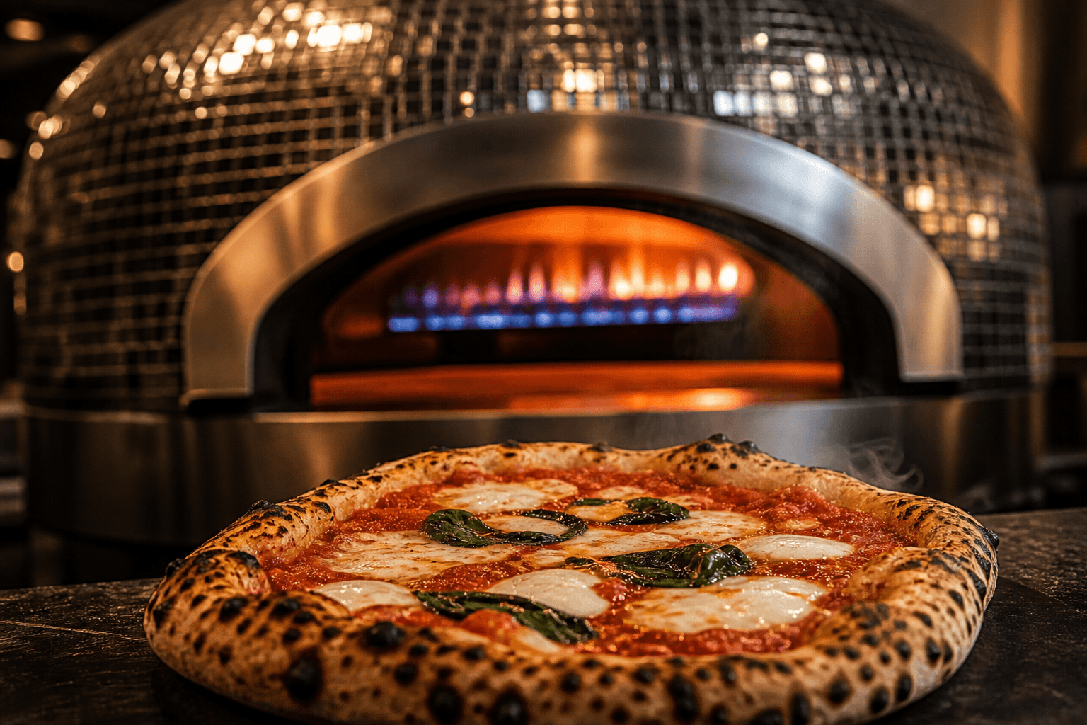 Pizza Margherita napolitaine devant le four à plus de 400°C